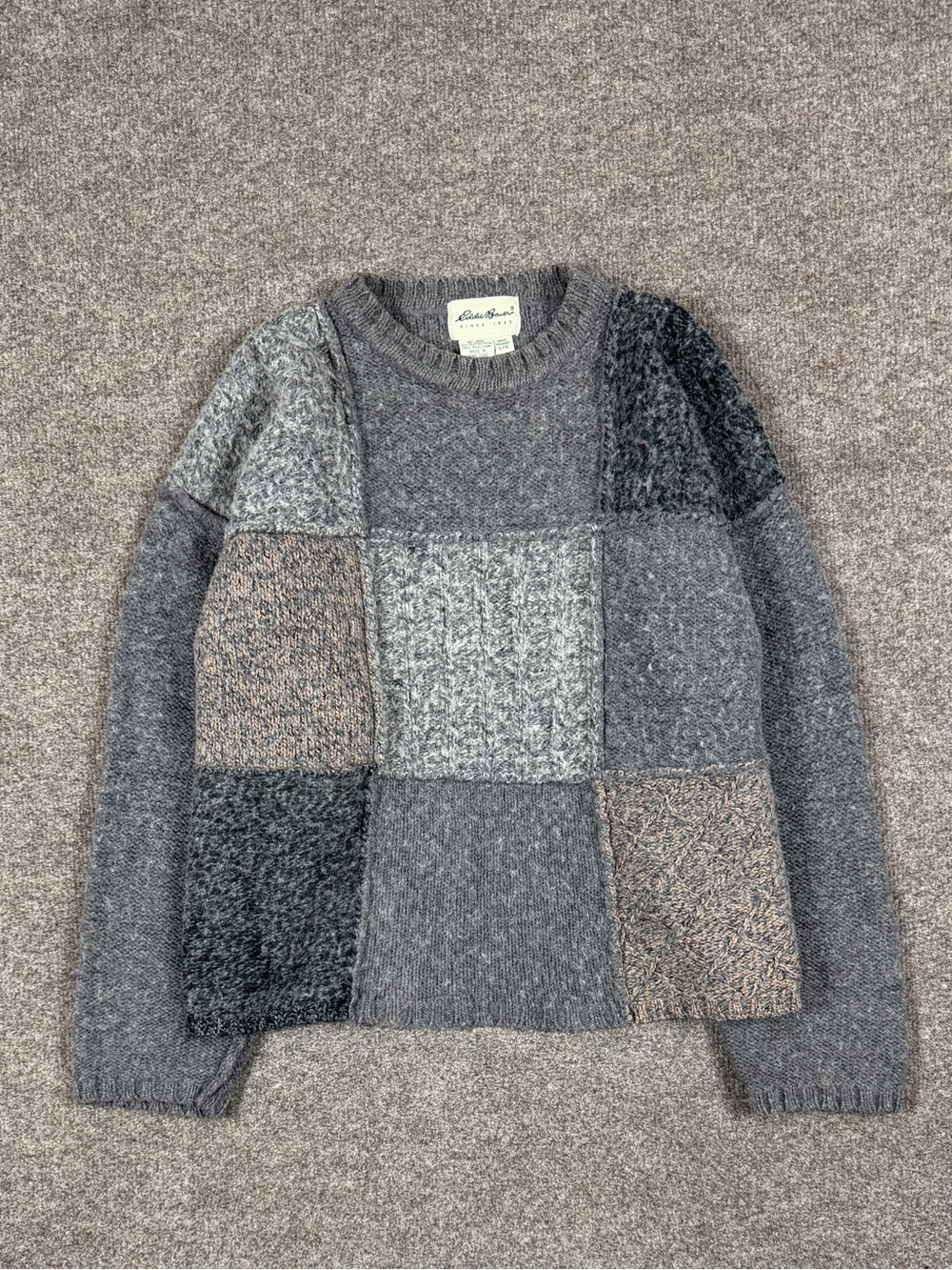 Vintage Eddie Bauer Gray Patchwork Crewneck Cotton Wool Knit Boxy Sweater Mens L